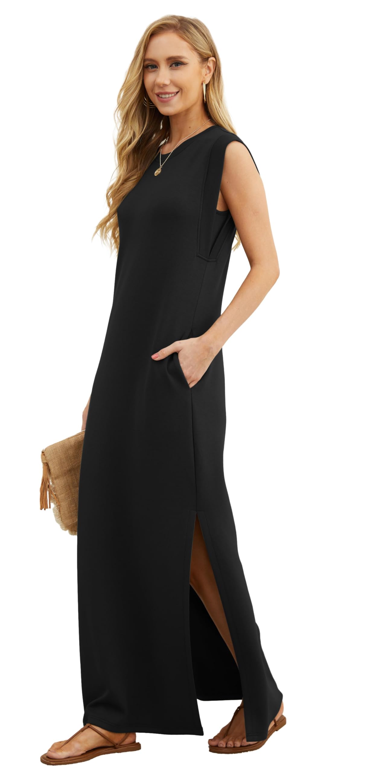 GRECERELLE Women's Summer Crew Neck Loose Split Casual Long Maxi Beach Dress with Pockets (Small, Black)