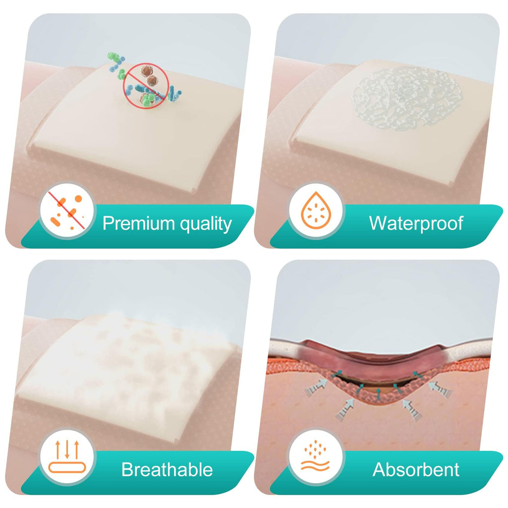 Dimora Silicone Foam Dressing with Border Adhesive 6"x6" Waterproof Wound Dressing Bandage for Wound Care 20 Pack