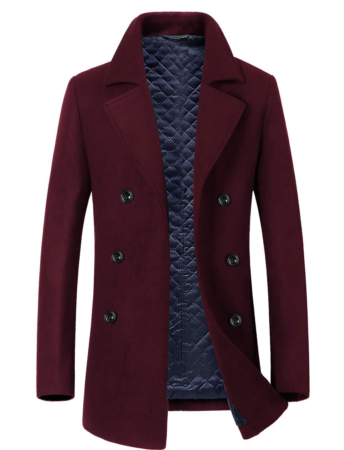 chouyatou Men's Classic Notched Collar Double Breasted Wool Blend Pea Coat (Medium, Wine Red)