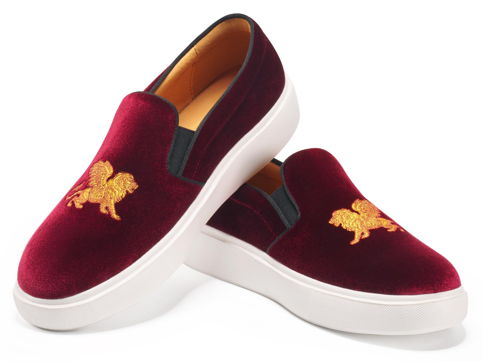 Journey West Men's Fashion Velvet Sneakers with Embroidery Light Weight Comfortable Slip-On Walking Shoes for Men Lion Burgundy US 8.5