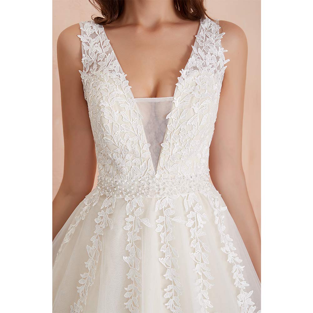 Abaowedding Women's Wedding Dress for Bride Lace Applique Evening Dress V Neck Straps Ball Gowns Ivory US 16