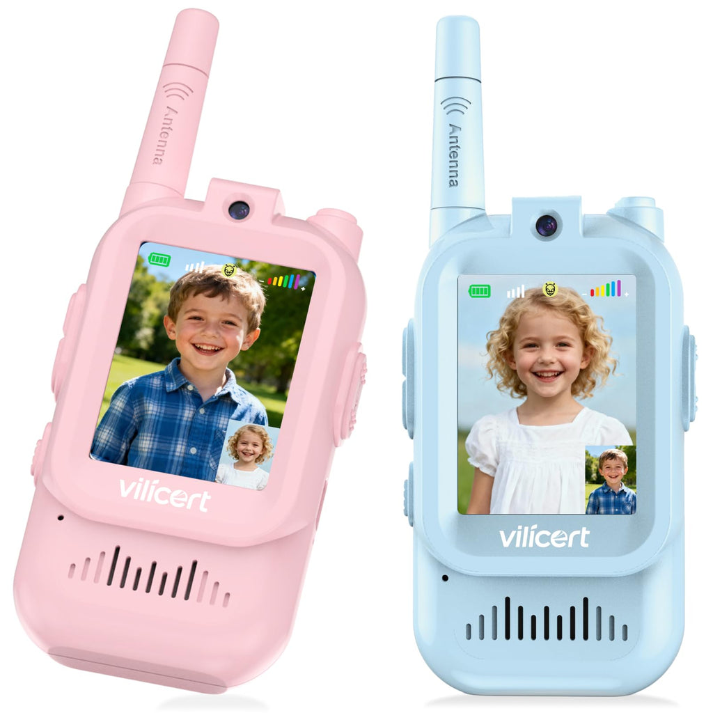 vilicert Video Walkie Talkie Toys for Age 3-12 Boys Girls, 2 Pack Walkie Talkies with Screen, Long Range 2 Way Radio with 4 Voice Effects, Christmas Birthday Gifts for Kids Indoor Outdoor Camping