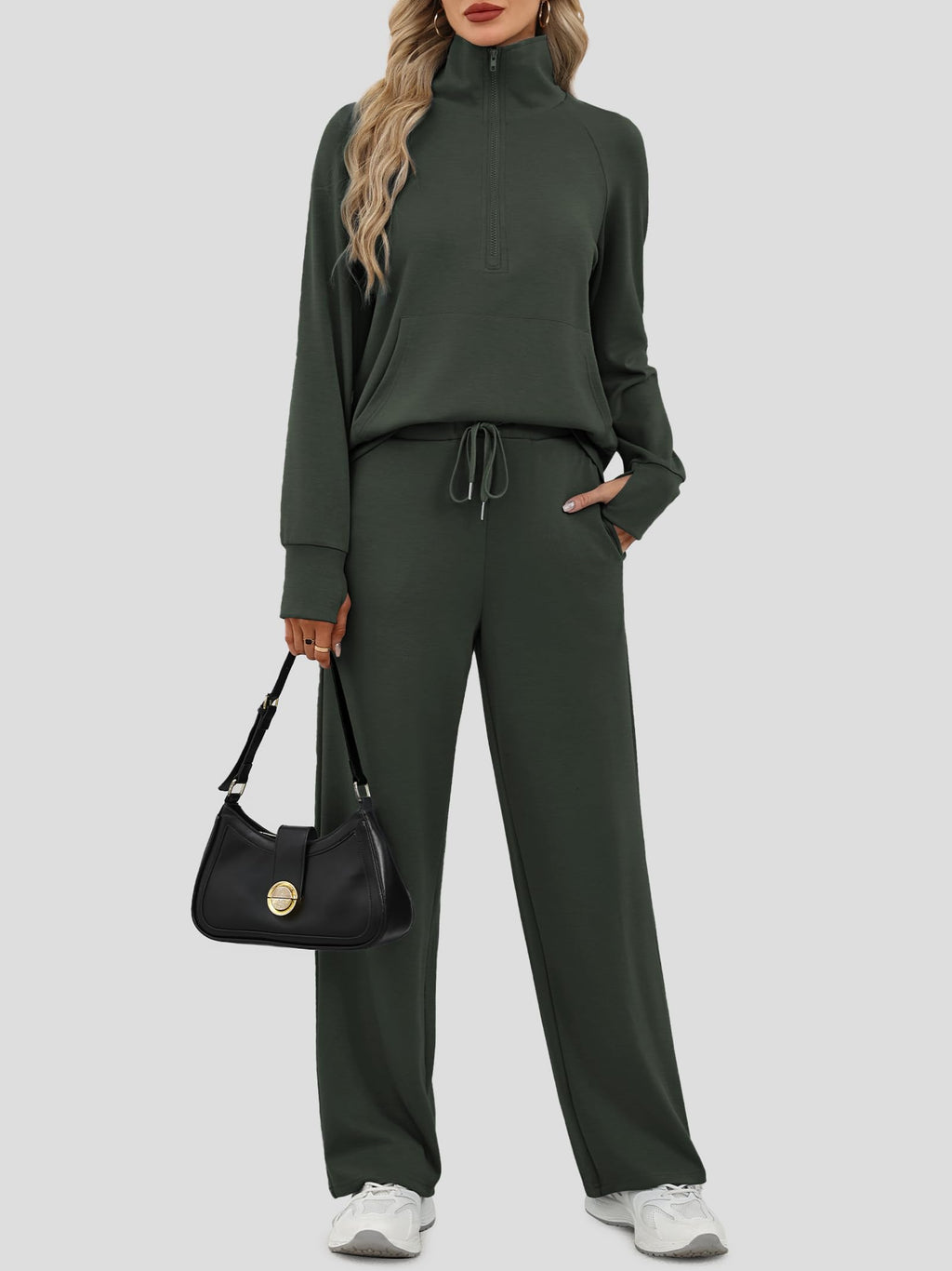 Casly Lamiit Two Piece Lounge Set for Women Matching Casual Sweatsuit Winter Long Sleeve Half Zip Sweatshirt Wide Leg Pants Travel Outfits Airport Athleisure Clothes Dark Grey Green M