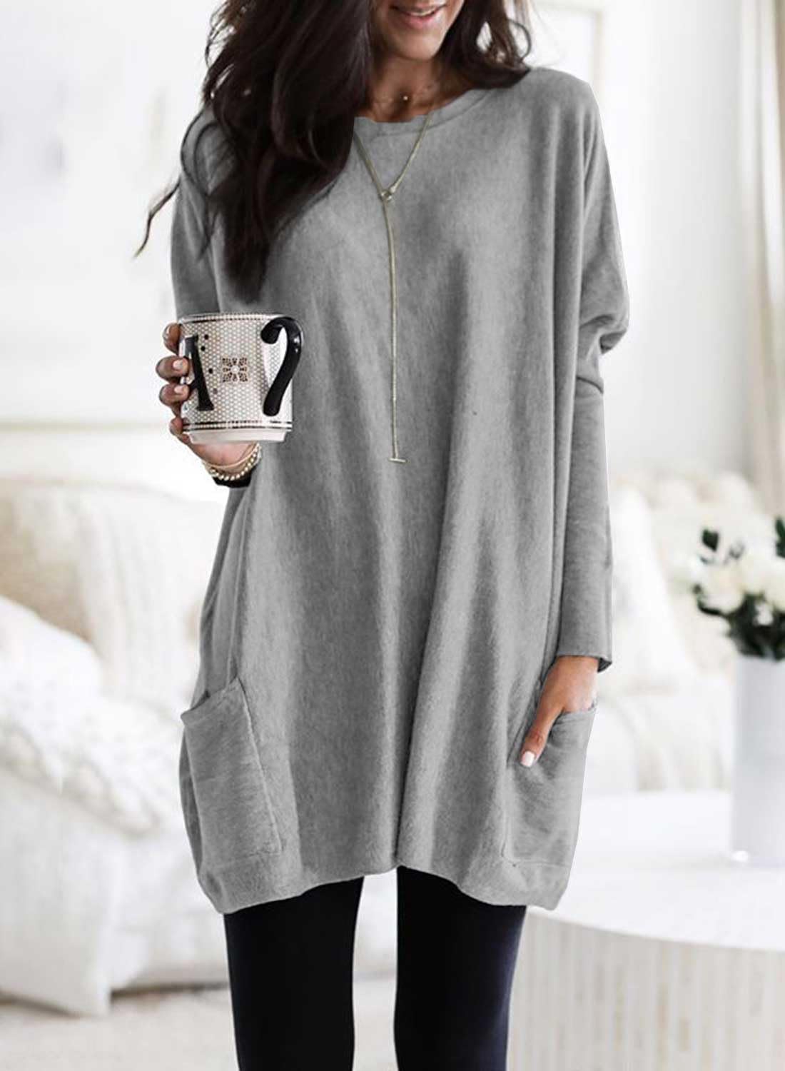 Dokotoo Womens Winter Dresses Long Sleeve Tunic Tops for Women Loose Fit Dressy Solid Color Casual Oversized Winter Clothes Sweatshirt Dress Grey Dresses for Women XXL