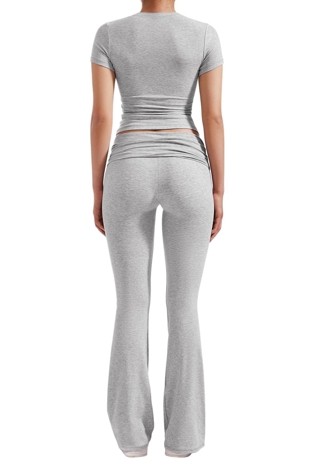 YETOWA Women's 2 Piece Lounge Outfits Slim Short Sleeve Tops Low Rise Flare Leggings Sets Yoga Sweatsuit