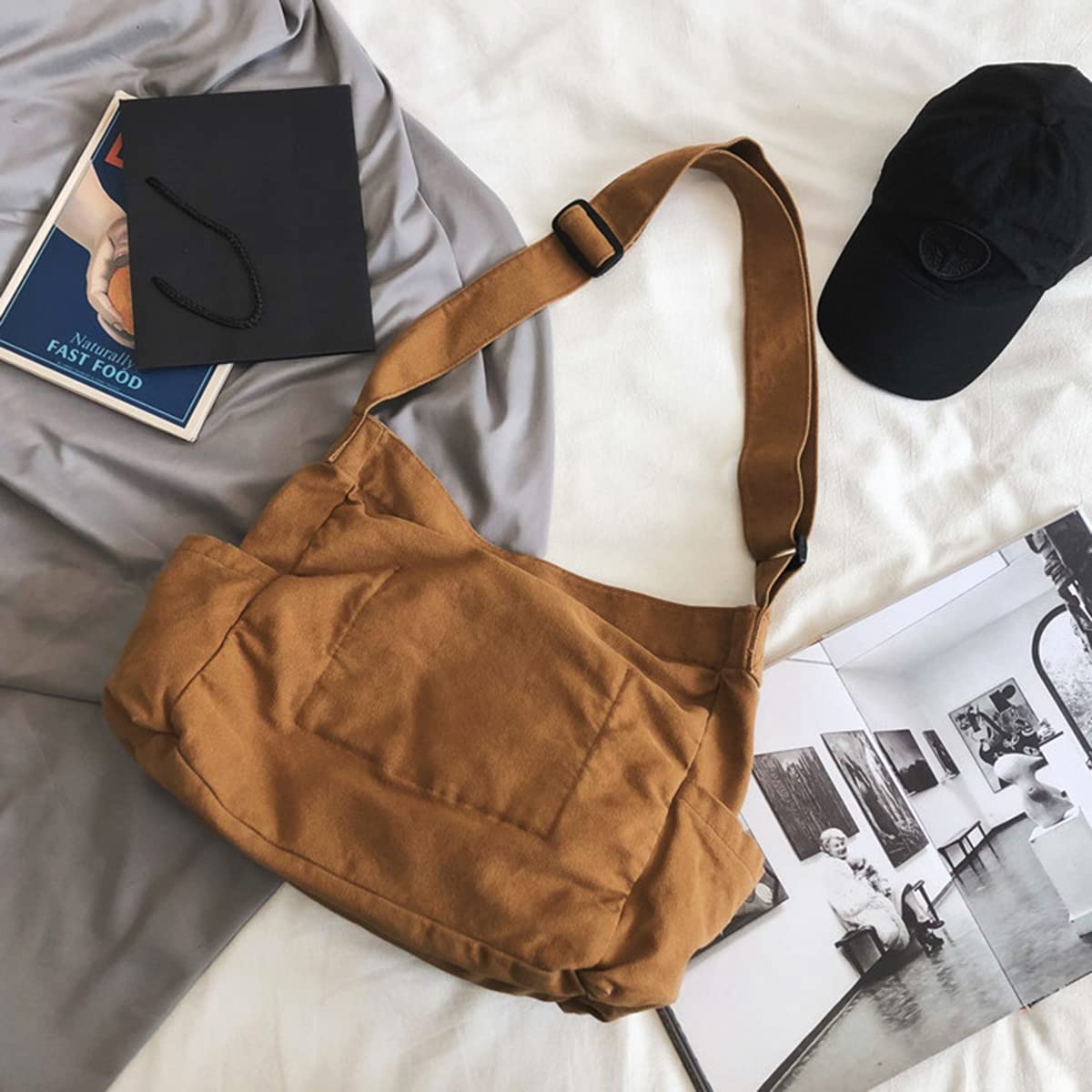 GAXOS Aesthetic Cute Messenger Bag for School Vintage Brown Canvas Crossbody for Women Shoulder Laptop Bag