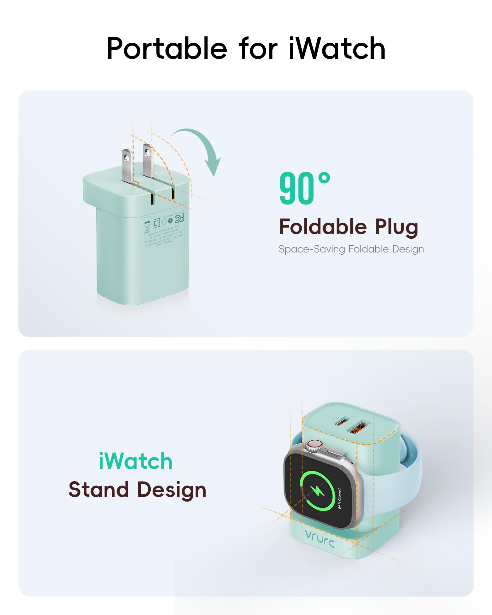 VRURC Charger for Apple Watch, Built-in Wireless Magnetic Charging Station for iWatch SE/11/10/9/8/7/6/5/4, PD 20W USB C Charging Block, Foldable Wall Charger Fast for iPhone 17/16/15/14/13-Green