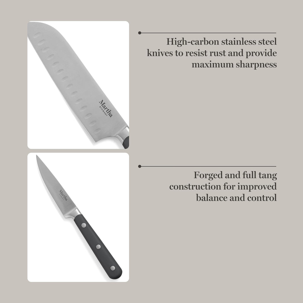 MARTHA STEWART Eastwalk 14 Piece High Carbon Stainless Steel Cutlery Knife Block Set w/ABS Triple Riveted Forged Handle Acacia Wood Block - Gray