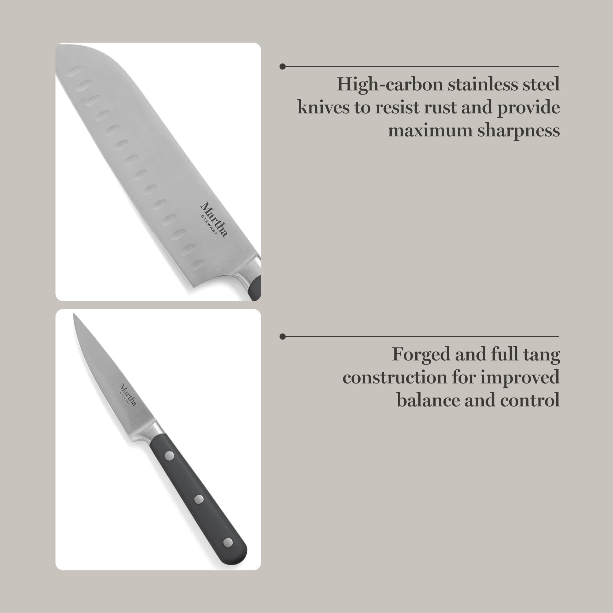 MARTHA STEWART Eastwalk 14 Piece High Carbon Stainless Steel Cutlery Knife Block Set w/ABS Triple Riveted Forged Handle Acacia Wood Block - Gray