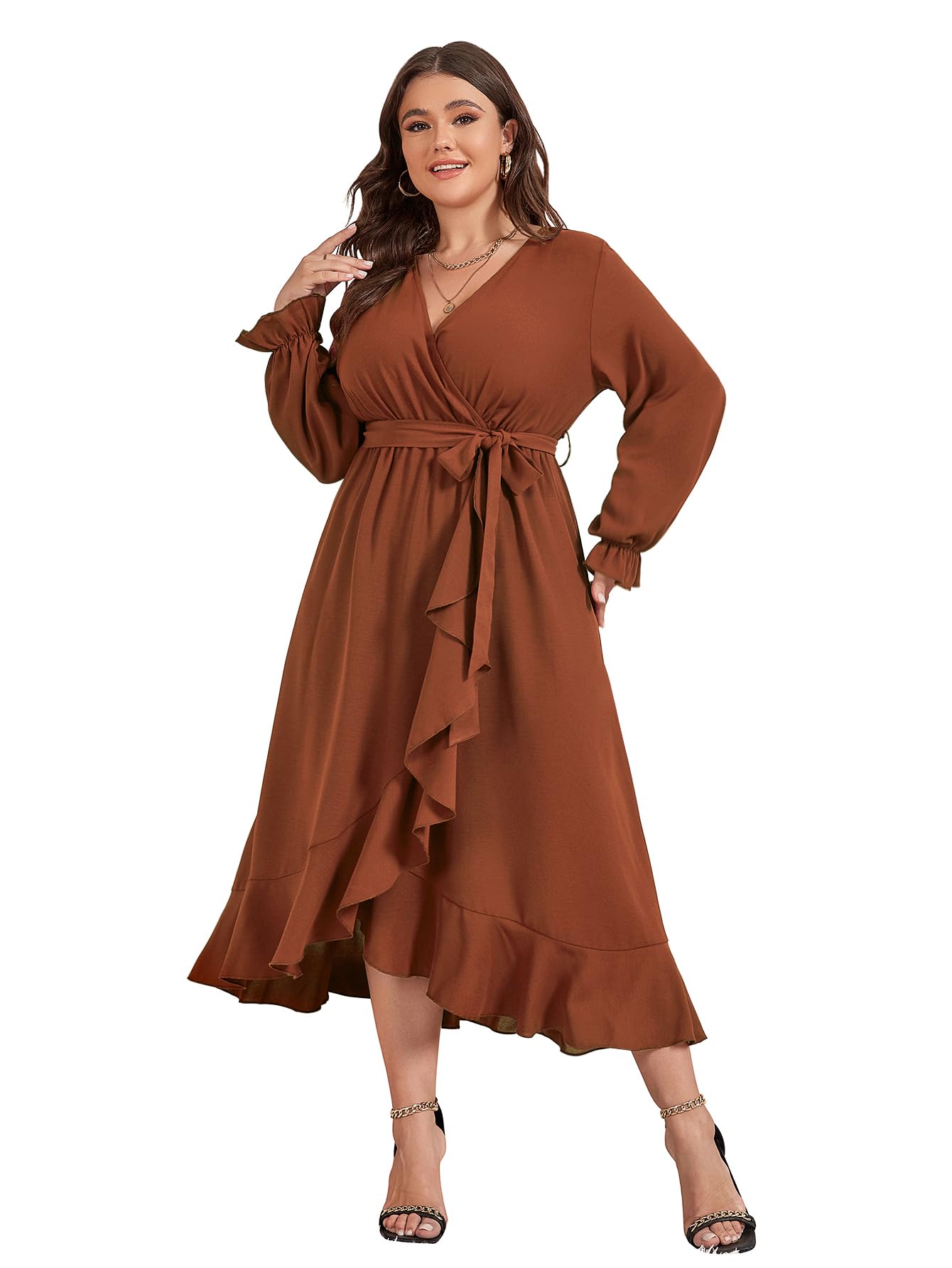 SCOMCHIC Women Plus Size Formal Dresses Fall Long Sleeve Faux Wrap V Neck High Low Ruffle Cocktail Wedding Guest Maxi Dress Rust