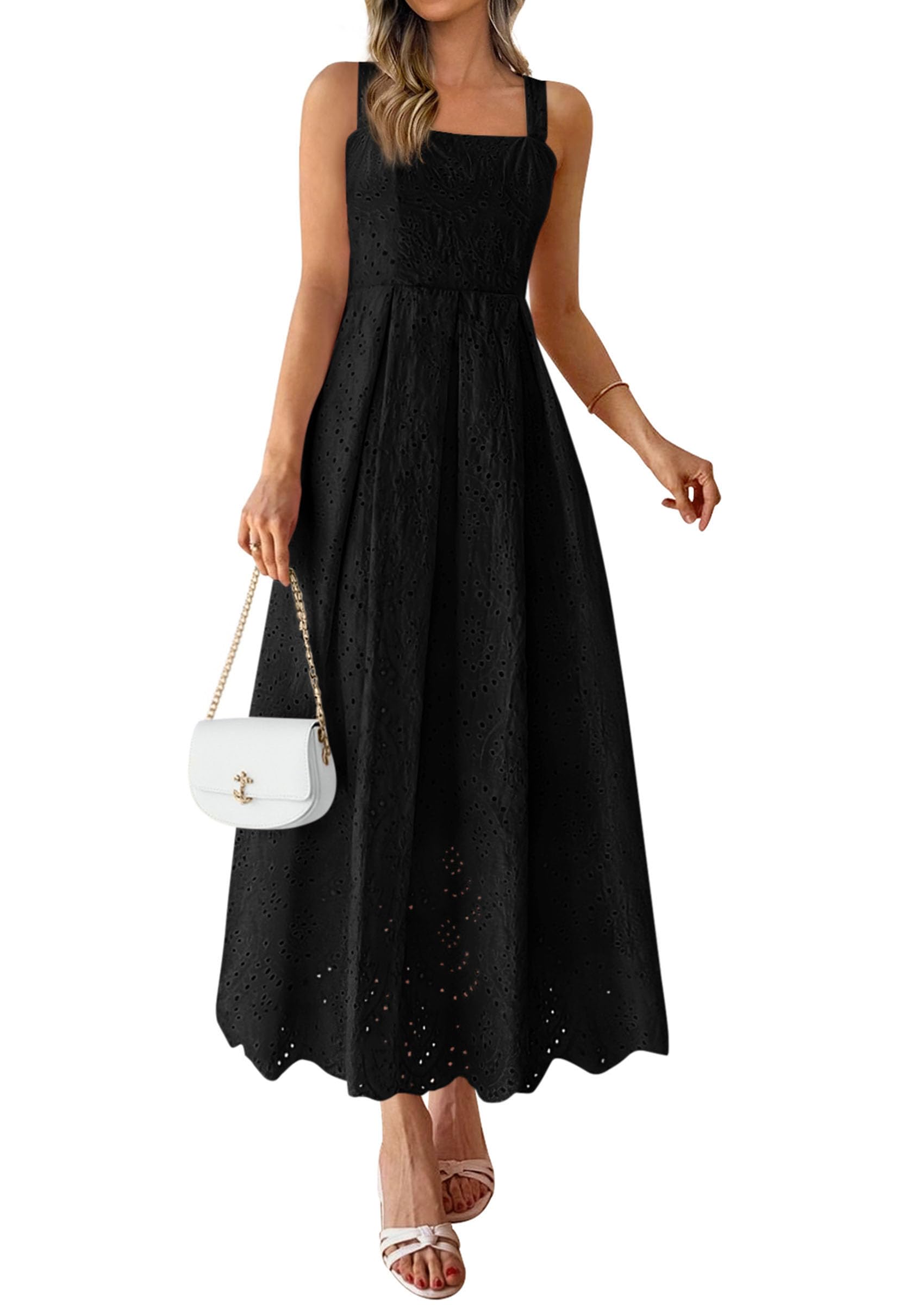 PRETTYGARDEN Womens Sleeveless Maxi Summer Dresses 2026 Hollow Out Eyelet Square Neck Ruffle Flowy Beach Vacation Sundress (Black,Small)