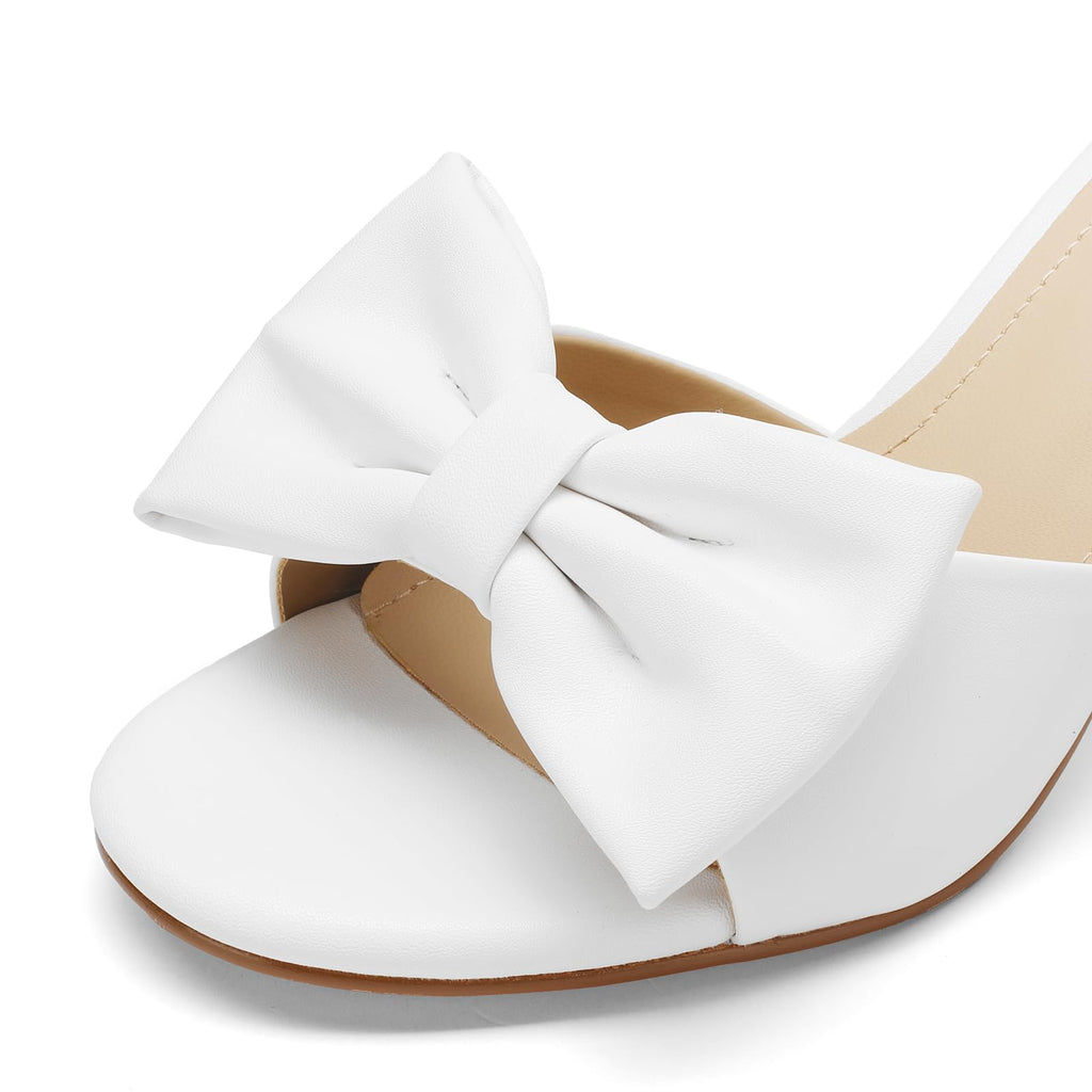 Women's Kitten Heels - Bow Round Open Toe Slip On Sandals 2 3/4-Inch Comfortable Low Heels, Perfect for Wedding, Dates, Casual, Office & Summer Parties (White, US Footwear Size System, Adult, Women, Numeric, Medium, 8)