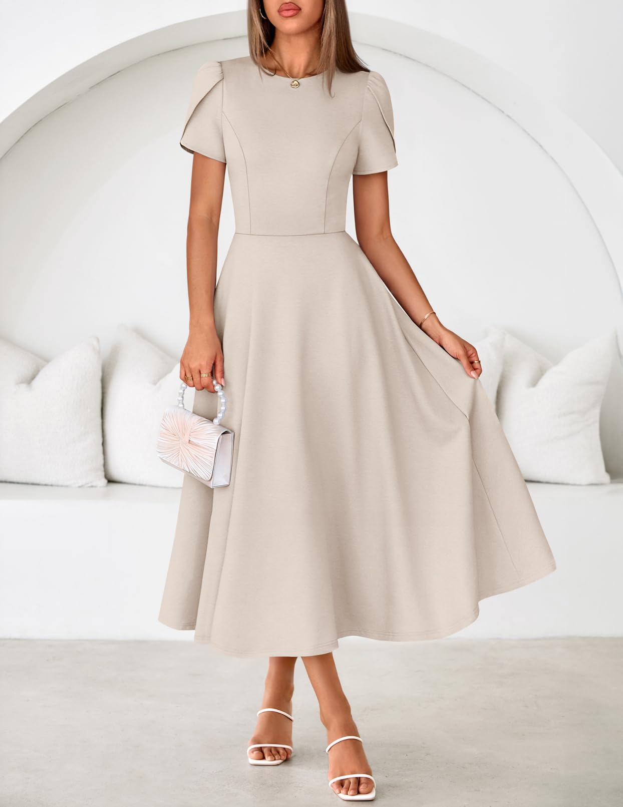 MEROKEETY Women's 2026 Summer Midi Dresses Short Sleeve Crewneck A Line Pleated Wedding Guest Flowy Long Dress with Pockets, Apricot, Large