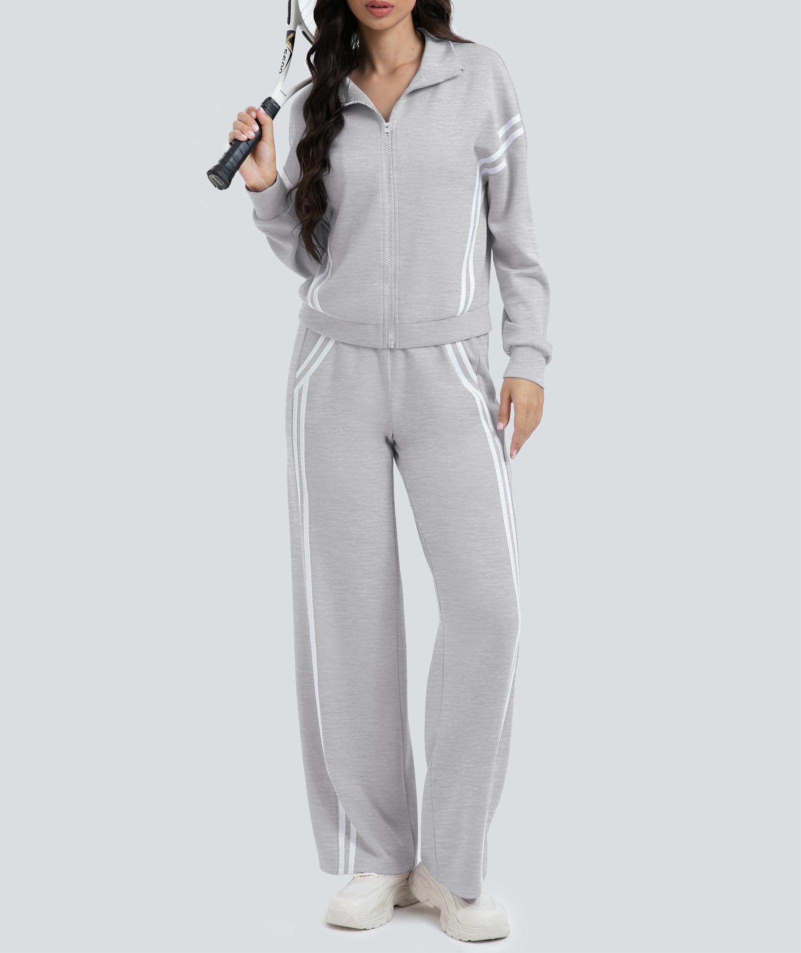 Casly Lamiit Two Piece Sweatsuit for Women Matching Lounge Sets 2025 Fashion Casual Fall Outfits Stripes Track Jackets Sweatpants Track Suit Grey M