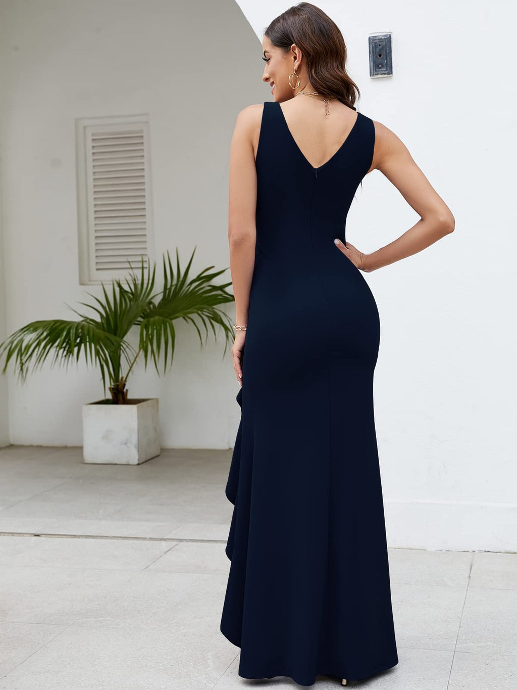 FQA Formal Evening Dresses for Women Elegant Dresses for Women Evening Party Floor Length Navy Blue Prom Dress Long Sexy V Neck Sleeveless Split Wrap