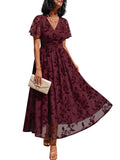LILLUSORY Wedding Guest Maxi Dress 2026 Women Summer V Neck Short Sleeve Floral A Line Long Brunch Cocktail Wrap Dress with Pockets Formal Elegant Flowy Outfits Burgundy