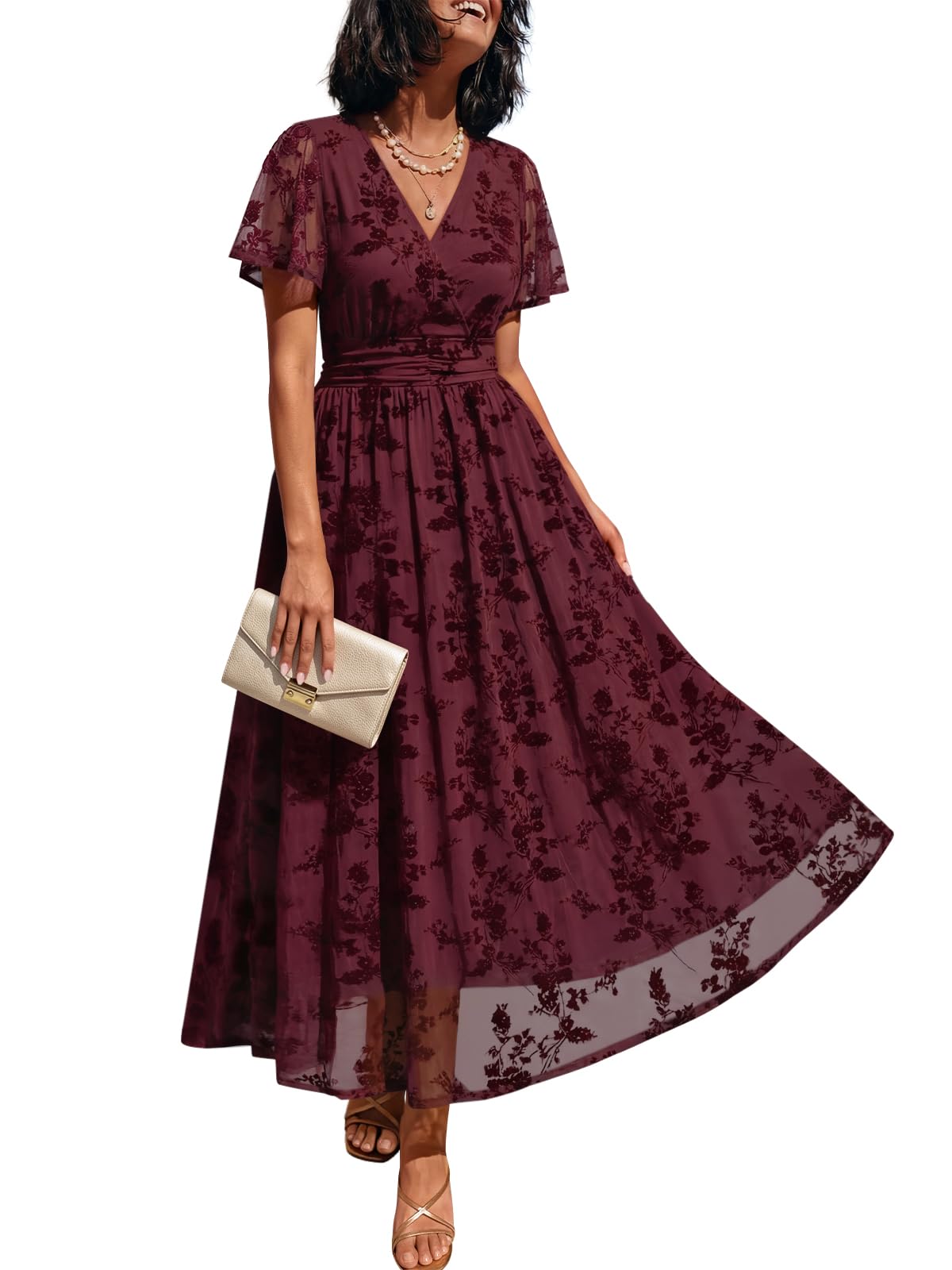 LILLUSORY Wedding Guest Maxi Dress 2026 Women Summer V Neck Short Sleeve Floral A Line Long Brunch Cocktail Wrap Dress with Pockets Formal Elegant Flowy Outfits Burgundy