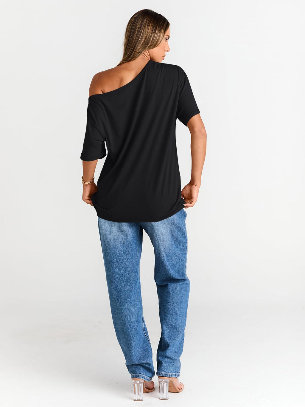 Trendy Queen Womens Off The Shoulder Tops Oversized T-Shirts Short Sleeve Tees Summer 2026 Casual Spring Clothes Workout Gym Y2k Cute Going Out Plus Size Fashion Clothing Black M