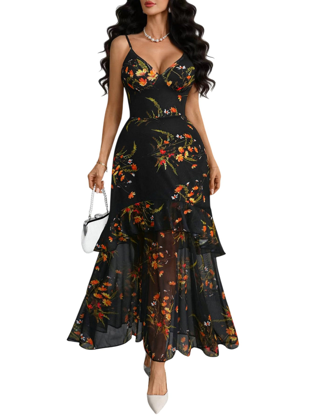 GothDark Women Floral Mesh Maxi Dress Sexy V Neck Spaghetti Strap Tiered Ruffle Hem Party Long Dresses for Wedding Guest Multicolor