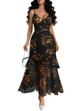GothDark Women Floral Mesh Maxi Dress Sexy V Neck Spaghetti Strap Tiered Ruffle Hem Party Long Dresses for Wedding Guest Multicolor