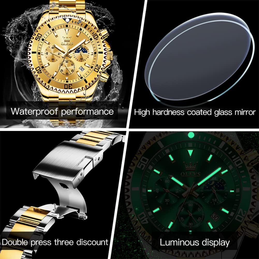 OLEVS Watch Men Gold Watches for Men Big Face Luxury Dress Chronograph Waterproof Stainless Steel Men's Wrist Watches Gold and Silver Analog Quartz Date Men's Watch Relojes para Hombres
