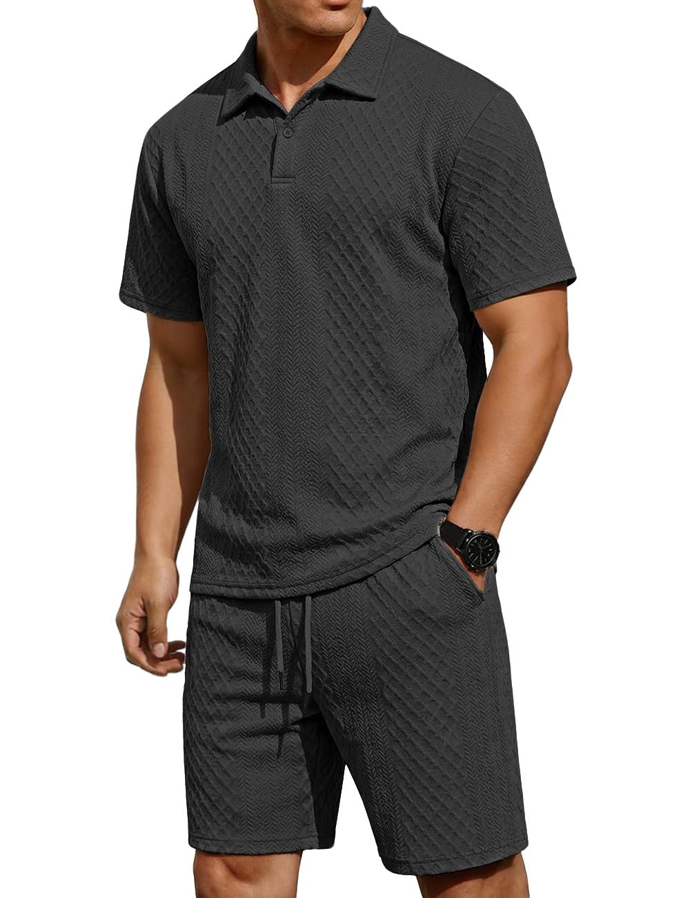 LINENNMAIN Men's 2 Pieces Outfits Casual Polo Shirt and Shorts Set Collar Athletic Jogging Summer Tracksuit