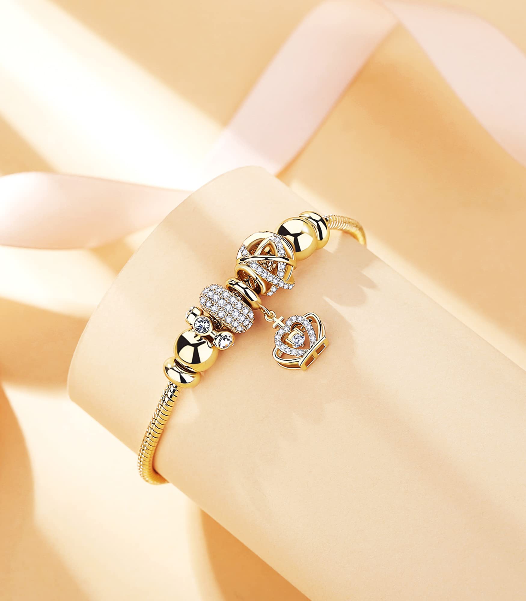 RIMAYZI 14K Gold Plated Charm Bracelet for Women, Women's Charm Symbol Bracelets, Gifts for Mother's Day, Mom, Her, Wife(Golden Crown)