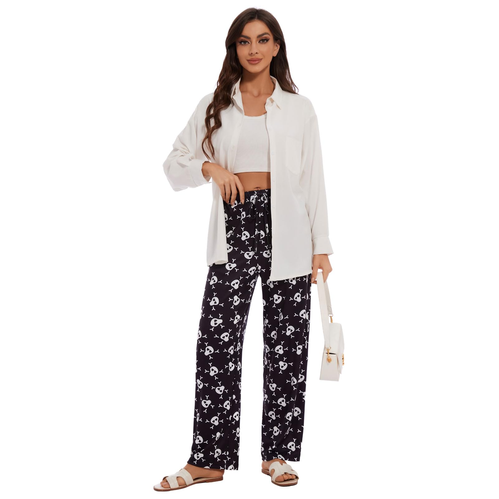 Devirld Women's Lounge Pants, Straight-Leg Loose Pajama Pants for Women Flowy Wide Leg Palazzo Trousers with Pockets