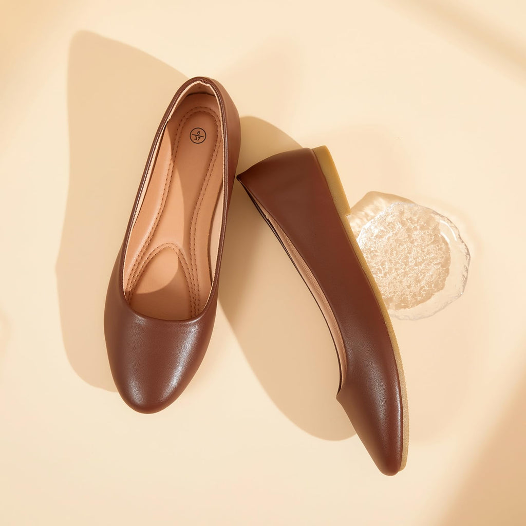 hash bubbie Women's Flats Shoes Ballet Flats Dress Shoes Comfortable PU Leather Slip on Shoes for Women(Brown.US6)