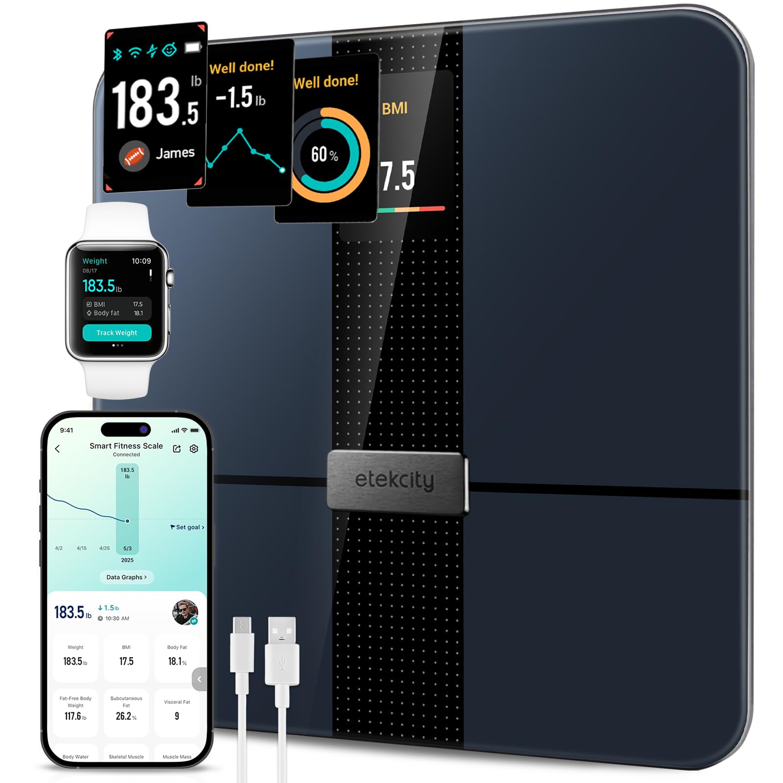 Etekcity Smart Scale for Body Weight Fat, Digital Bathroom Weighing Machine for Accurate BMI Muscle Mass Composition, Home Use Apple Health Compatible Fitness Equipment