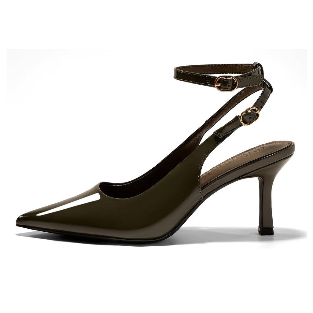 GotSoft Womens Pointed Toe High Heels Slingback Stiletto Ankle Strap Pumps Dress Shoes, Army Green, Size 6