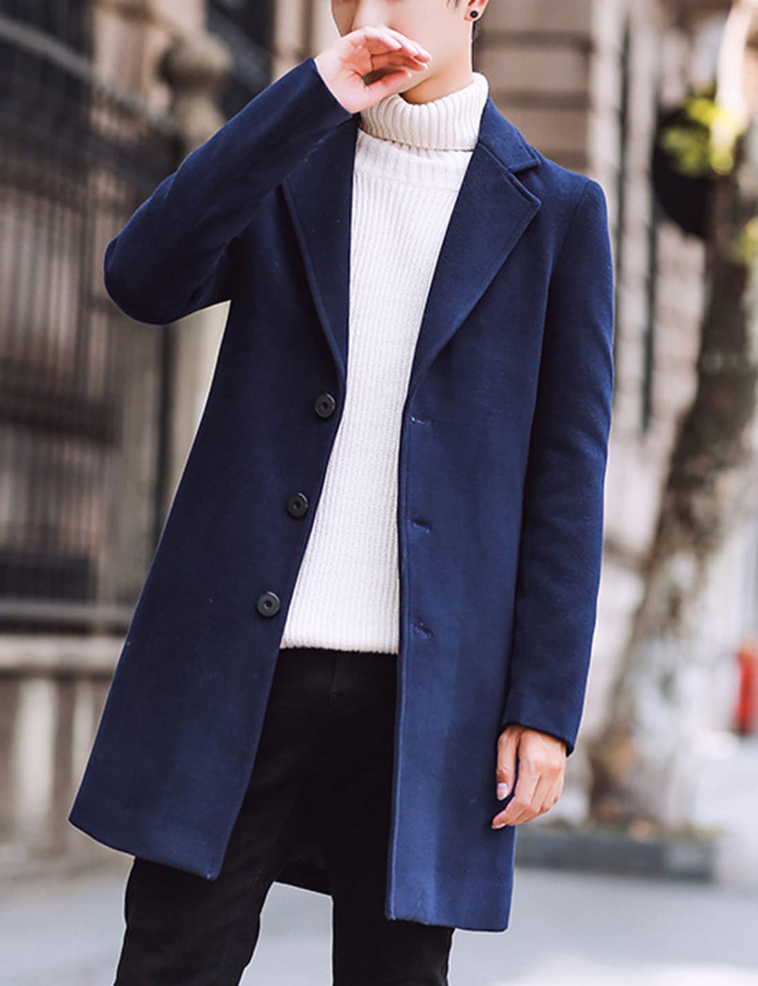 Springrain Men's Wool Blend Pea Coat Notched Collar Single Breasted Overcoat Warm Winter Trench Coat(Navy-S)