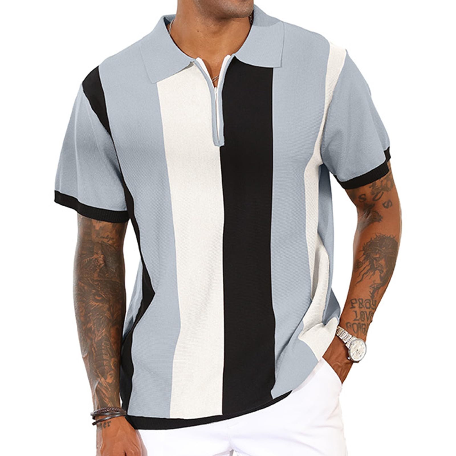 Men's Fashion Polo Shirts Vintage Striped Knitting Shirts Casual Slim Fit Golf Shirts Blue