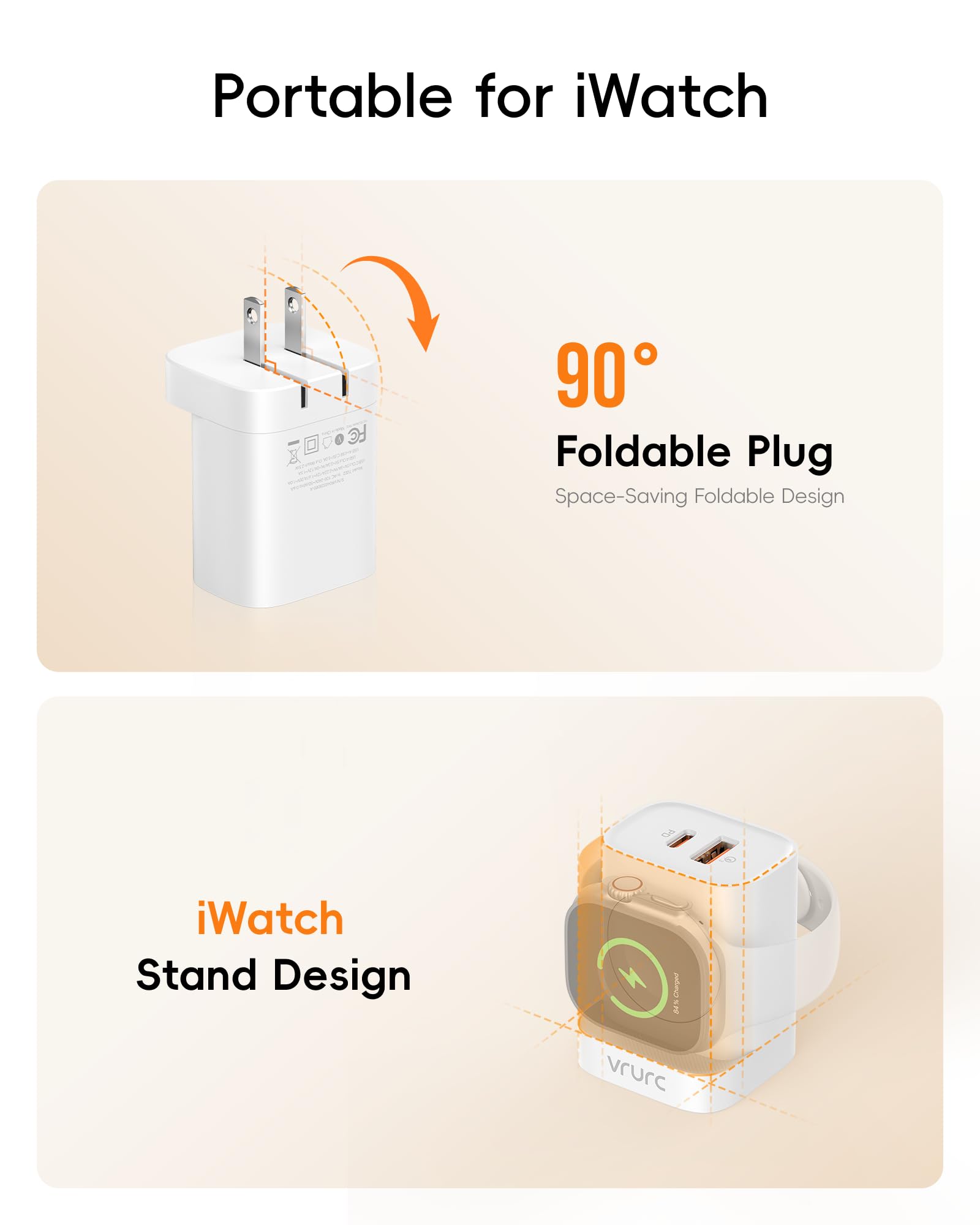 VRURC Fast Charger for Apple Watch, Built-in Wireless Magnetic Charging Station for iWatch SE/11/10/9/8/7/6/5/4, PD 20W USB C Charging Block, Foldable Wall Charger for iPhone 17/16/15/14/13-White