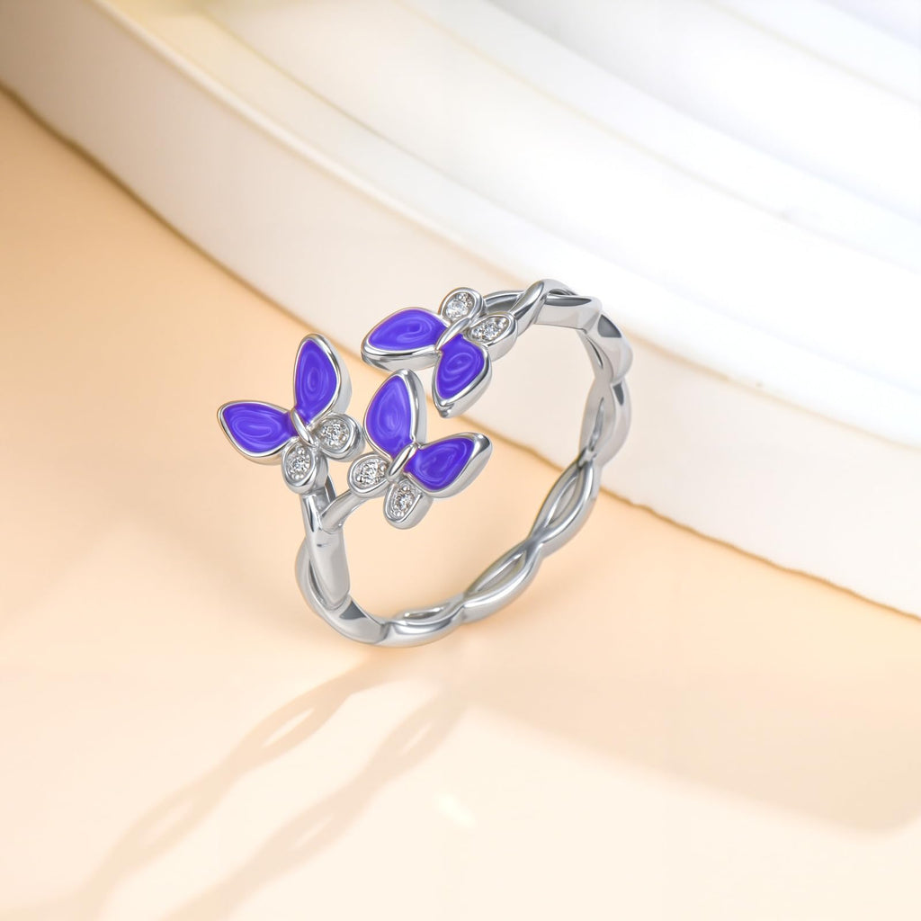 LWXIE Diamond Butterfly Rings for Women 925 Sterling Silver Purple Enamel Floral Butterfly Ring with Lab Grown Diamond Jewelry Gifts for Birthday