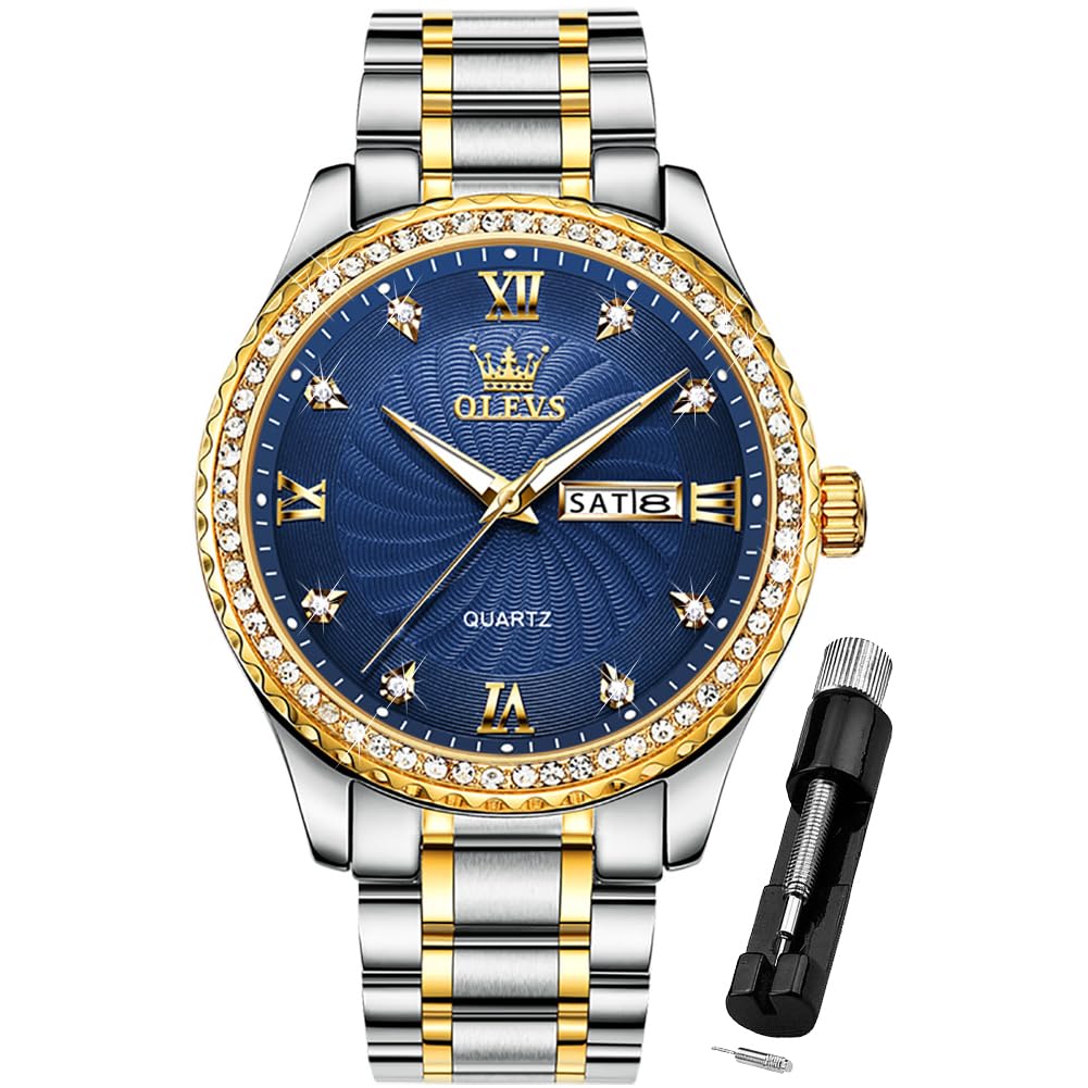 OLEVS Mens Watch Blue Business Diamond Waterproof Watches for Men Casual Dress Stainless Steel Two Tone Male Wrist Watch