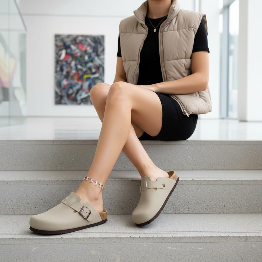 CUSHIONAIRE Hana Womens Clogs | Comfortable Vegan Suede Clogs for Women | Slip On Potato Shoes with Cork Footbed & Arch Support, Stone 7W