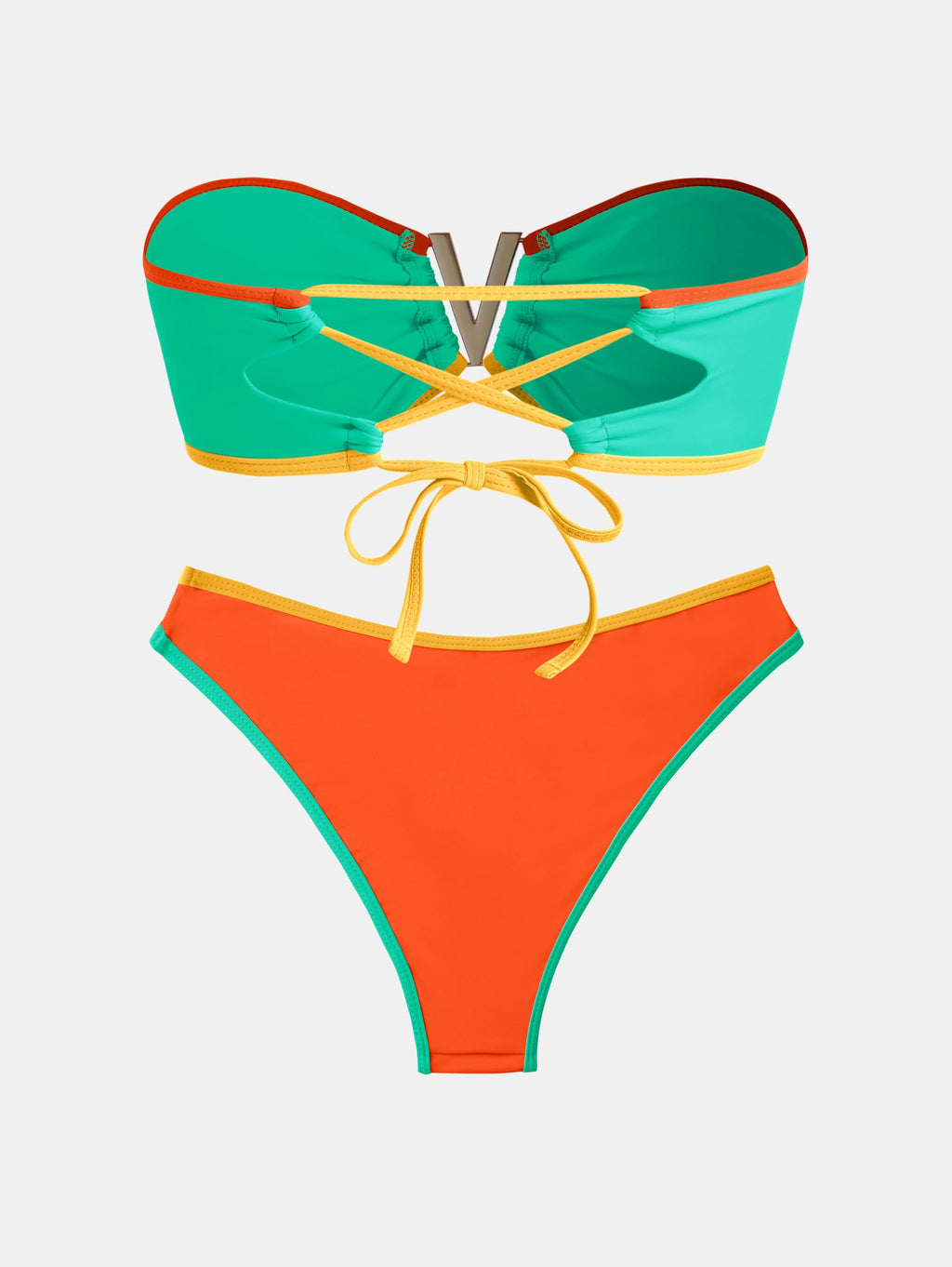 ZAFUL Women's Bandeau Bikini V Strapless Confetti Colorblock Tie Back High Cut Two Piece Swimsuit Bathing Suits (1-Green, M)
