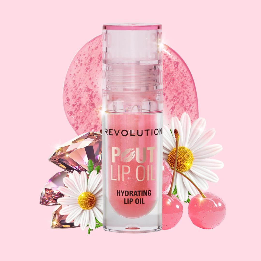Revolution Beauty London, Pout Lip Oil, Nourishing Tinted Lip Oil, High Shine, Non-Sticky Finish, Vegan & Cruelty-Free, Glam Pink Shimmer, 0.13 oz