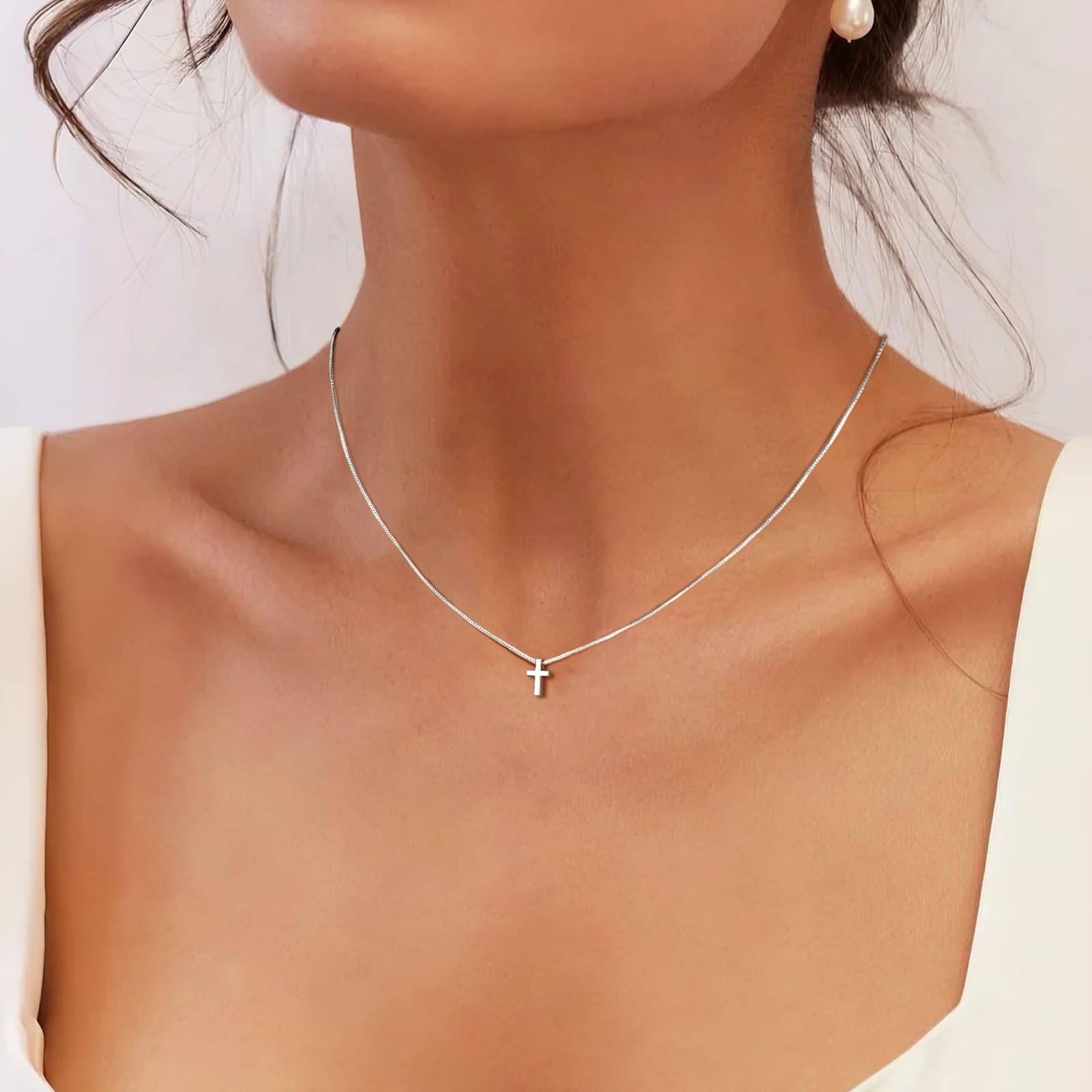 Mothers Day Gift for Daughter Silver Cross Necklaces for Women Dainty Small Choker Necklace Delicate Minimalist Sterling Silver Cross Pendant Necklace, Simple Tiny Cross Jewelry Gift for Mom Daughter