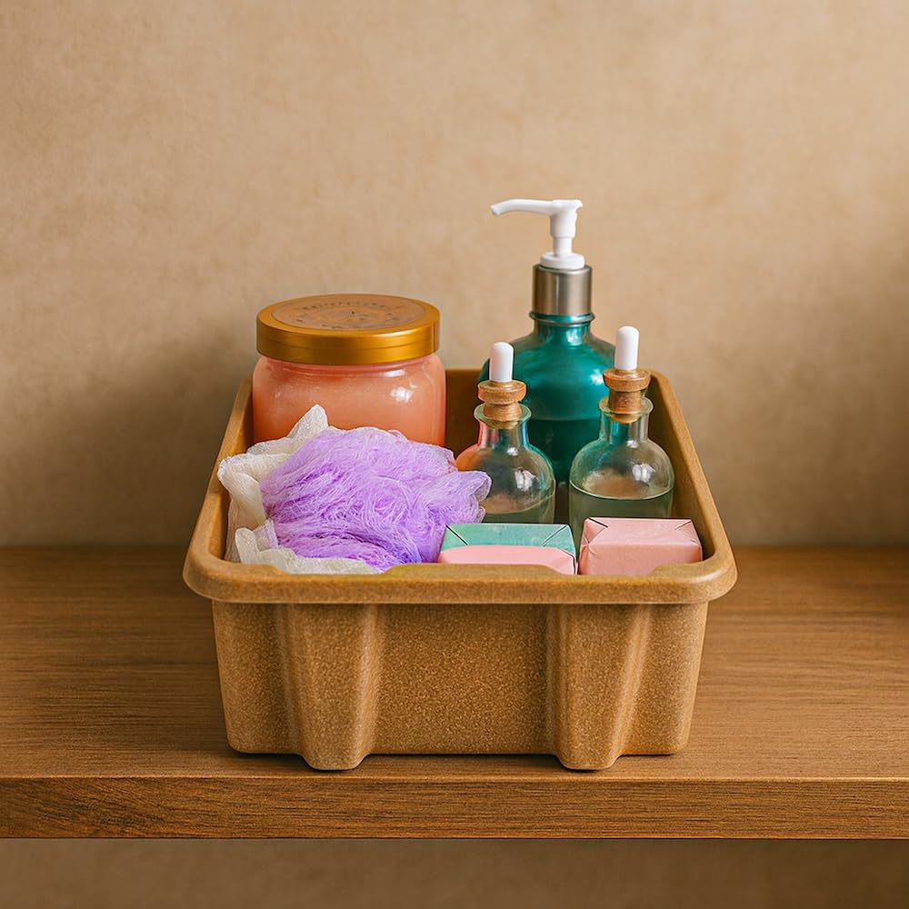 Best Kept Cupboard Organizers And Storage | Plastic Tray Wood-Like Texture| Bathroom Essentials | Skincare Organizer | Facial Care Product Storage Bin | Light Brown 3-Piece Organizer Set