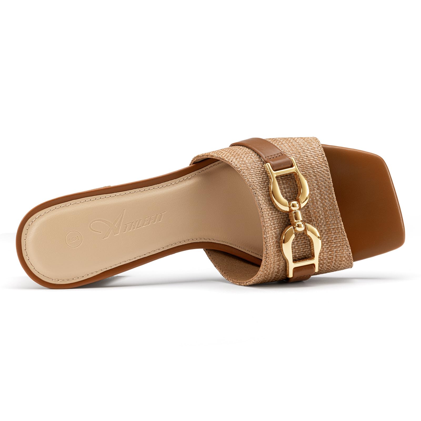 Athlefit Mules Chunky Heels for Women Brown Raffia Slip On Heeled Sandals Square Open Toe 2 Inch Low Block Heels for Summer Dressy