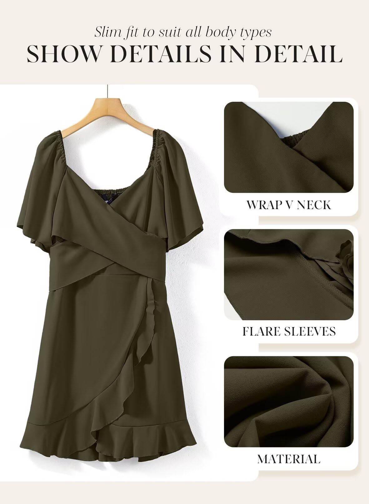 Dokotoo Women's Wrap V Neck Short Sleeve Smocked Elastic Waist Tiered Belted Ruffle Hem Mini Dress Cocktail Dresses for Women Wedding Guest Dress Moss Green L