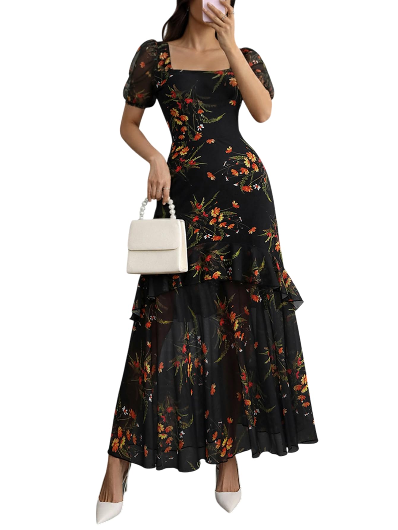 GothDark Cute Dress for Wedding Guest Summer Dresses for Women 2026 Vacation Square Neck Dress Orange Small Fits US Size 4