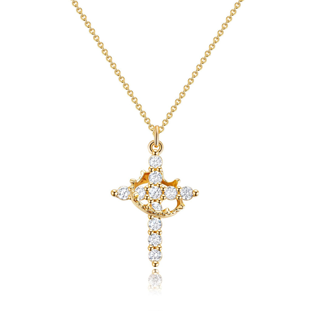 Robaice Gold Cross Necklace for Women, 14K Gold Plated Crown Cross Pendant Necklace Cross Necklaces Faith Jewelry First Communion Necklace, Gold