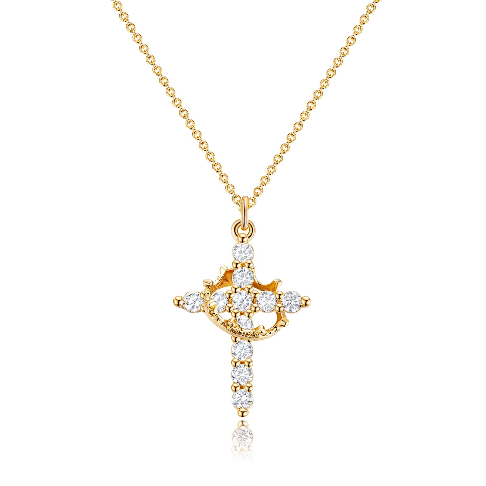 Robaice Gold Cross Necklace for Women, 14K Gold Plated Crown Cross Pendant Necklace Cross Necklaces Faith Jewelry First Communion Necklace, Gold
