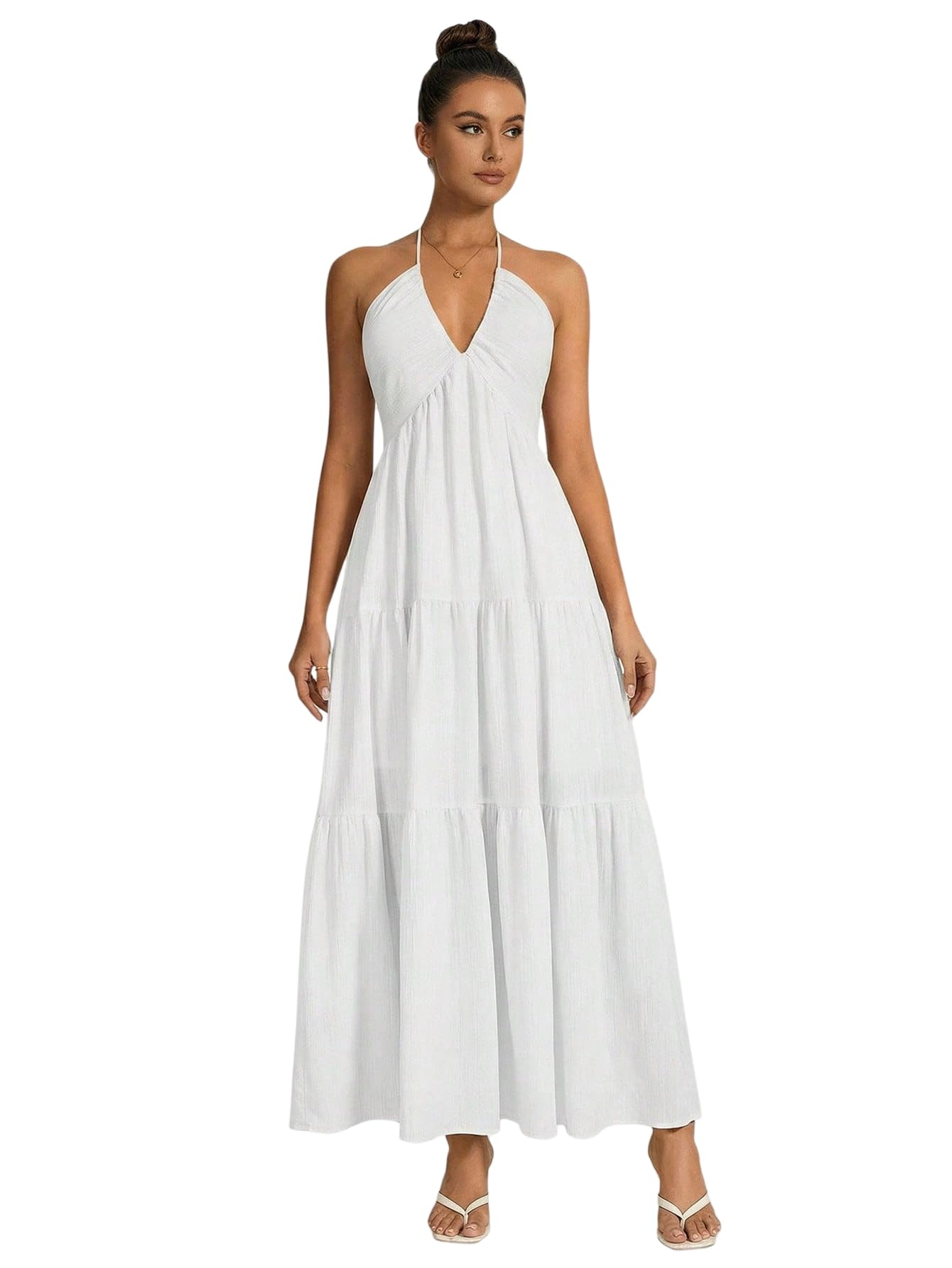 OYOANGLE Women's Summer Beach Sundress Formal Wedding Guest Dress Backless Flowy Vacation Boho Maxi Dresses White Small
