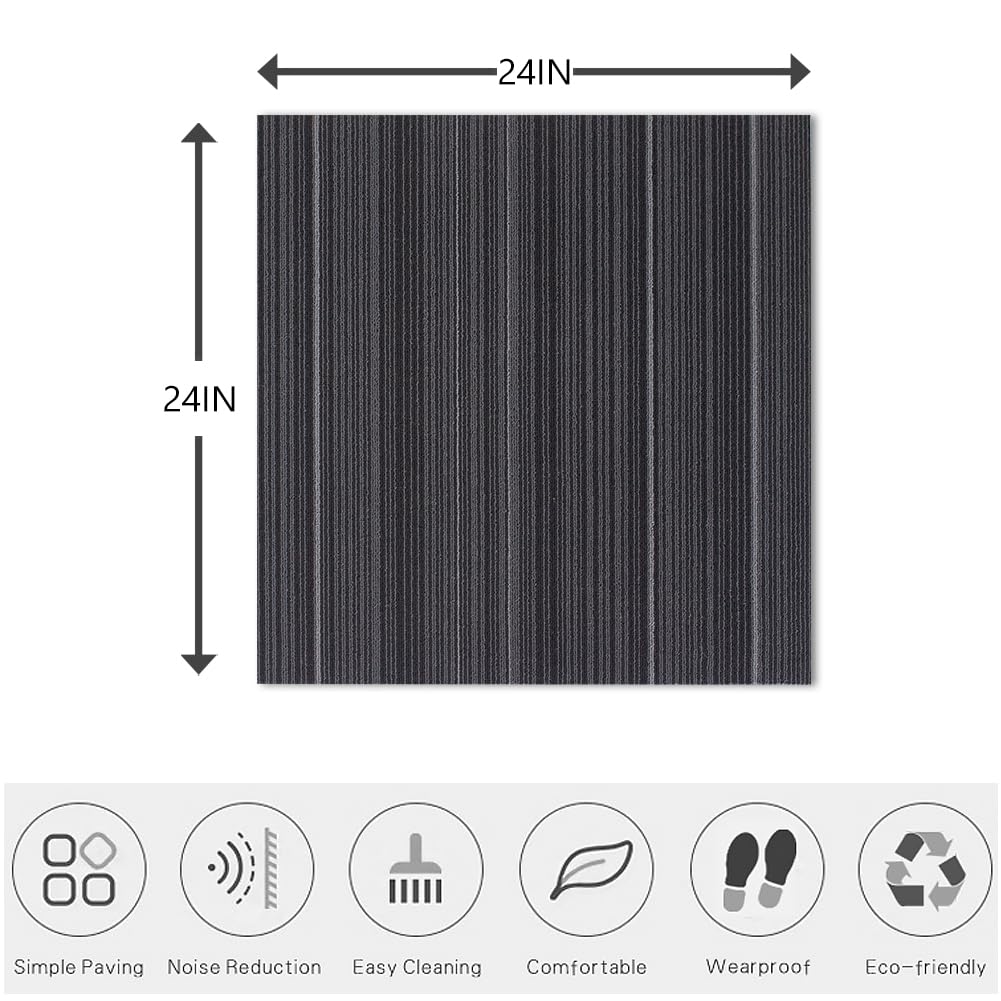 LITA Carpet Tiles Reusable 24" x 24" Squares Indoor/Outdoor 0.25" Pile Height Loop Pile, Non Slip Easy DIY Installation Peel and Stick Carpet Tile, Black, (18 Tiles) (72 sqft/Box)