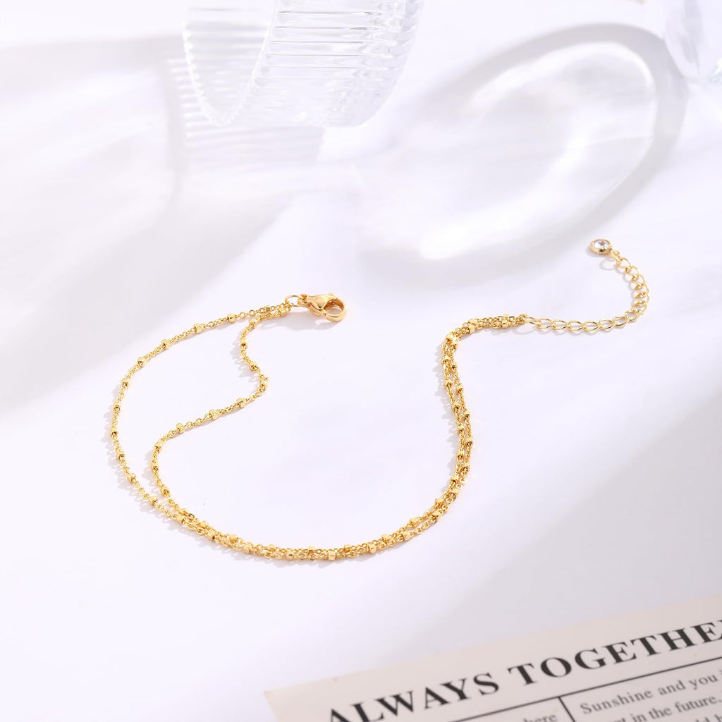 MIDEEO Gold/Silver Ankle Bracelets for Women,14K Gold Anklets for Women Waterproof Cuban Link Heart Beads Herringbone Rhinestone Anklets Set Layered Anklet Bracelets Gold Jewelry Gift