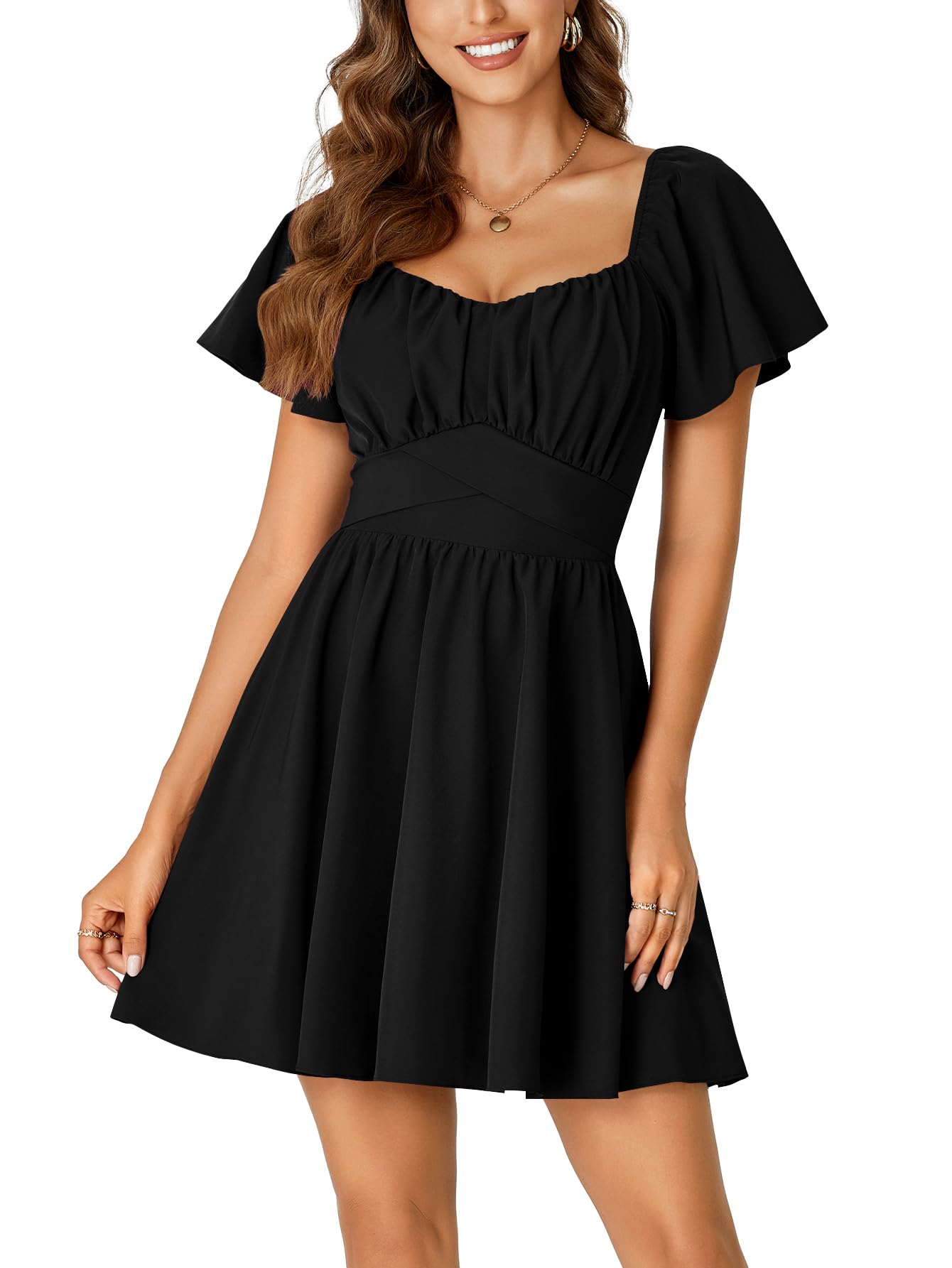 Rooscier Women's Tie Back Square Neck Wrap Ruffle Short Sleeve Flare Mini Dress Black Medium